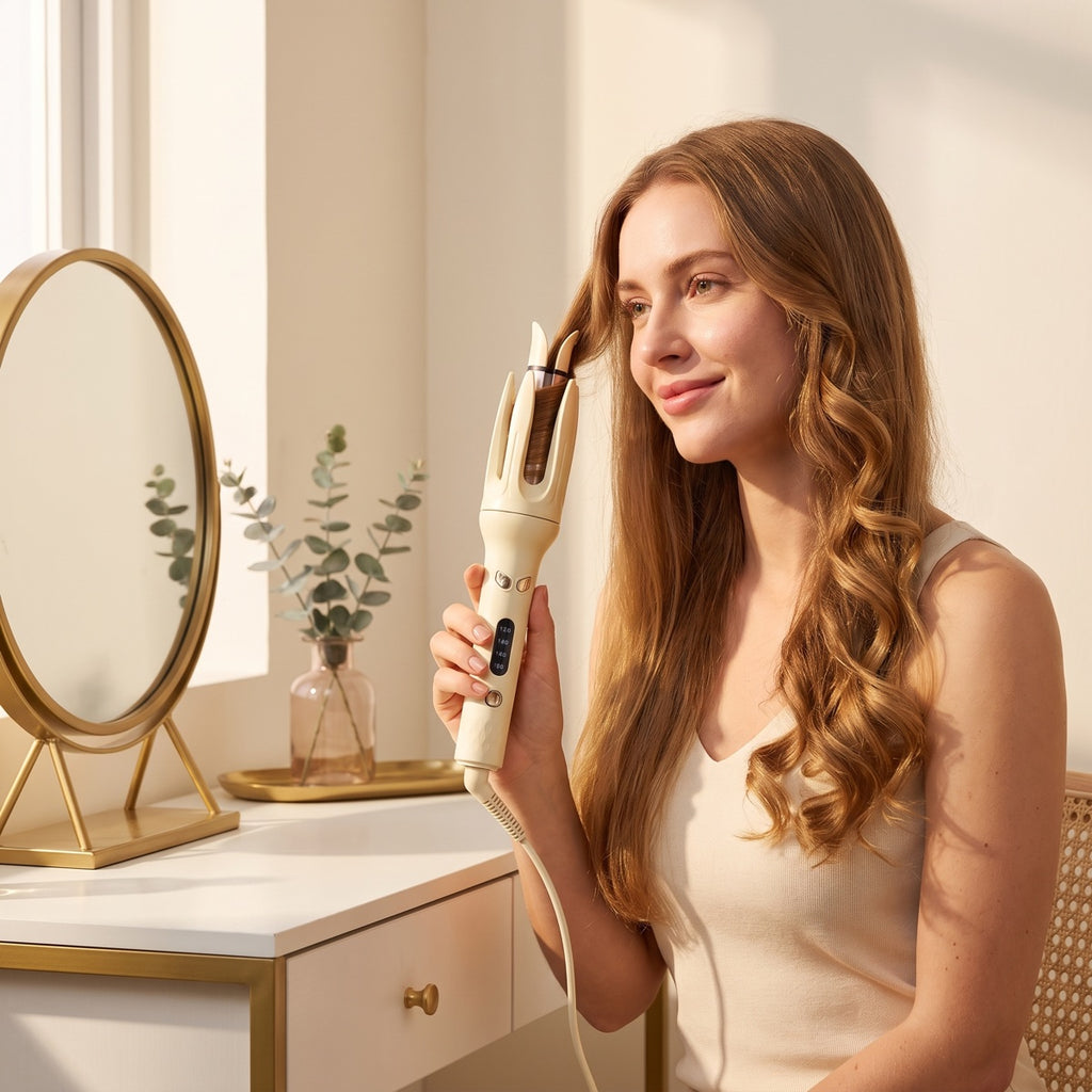 Woman curling her hair at a mirror with the AERIS Spiral