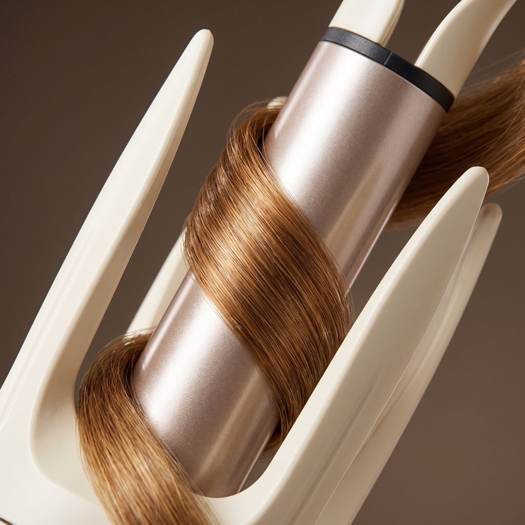 Close-up of the AERIS Spiral barrel wrapping a section of brown hair